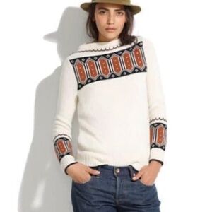 MADEWELL Womens Medium Ivory Black Brown Wool Boatneck Long Sleeve Knit Sweater